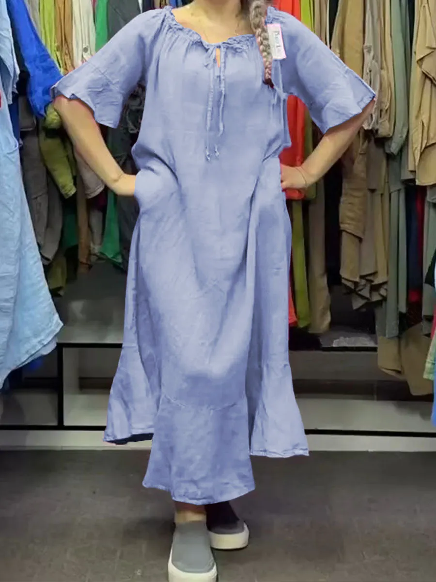 Women's Solid Color Round Neck Ruffled Lace-up Half Sleeves Casual Linen Loose Dress