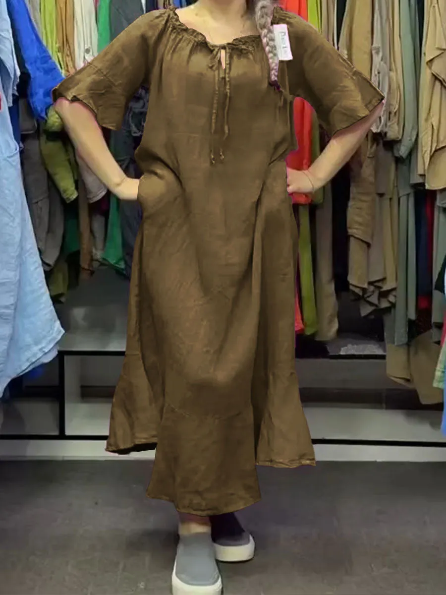 Women's Solid Color Round Neck Ruffled Lace-up Half Sleeves Casual Linen Loose Dress