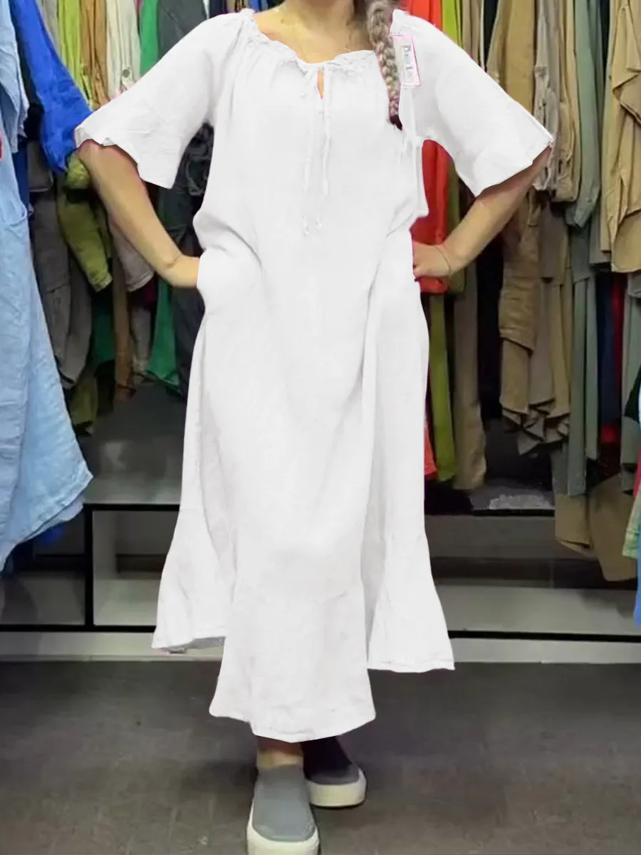 Women's Solid Color Round Neck Ruffled Lace-up Half Sleeves Casual Linen Loose Dress