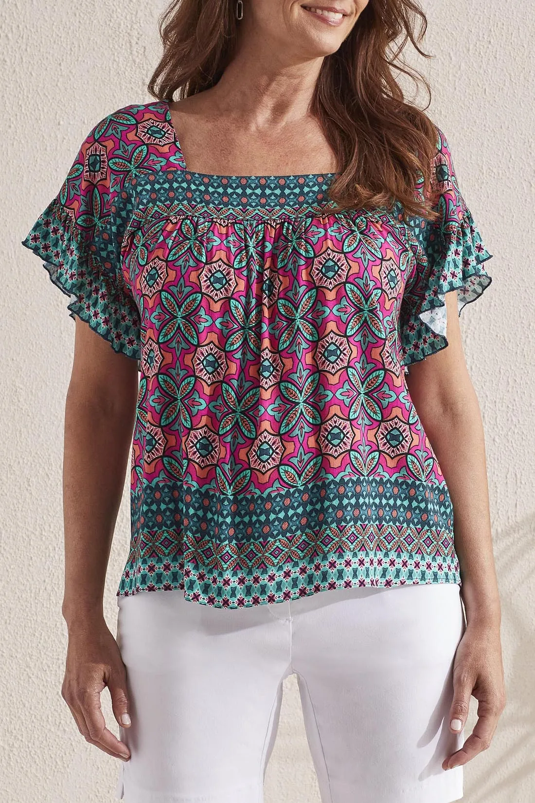 Women's Tribal | Ruffle Sleeve Blouse with Back Tie Detail | Atlantic