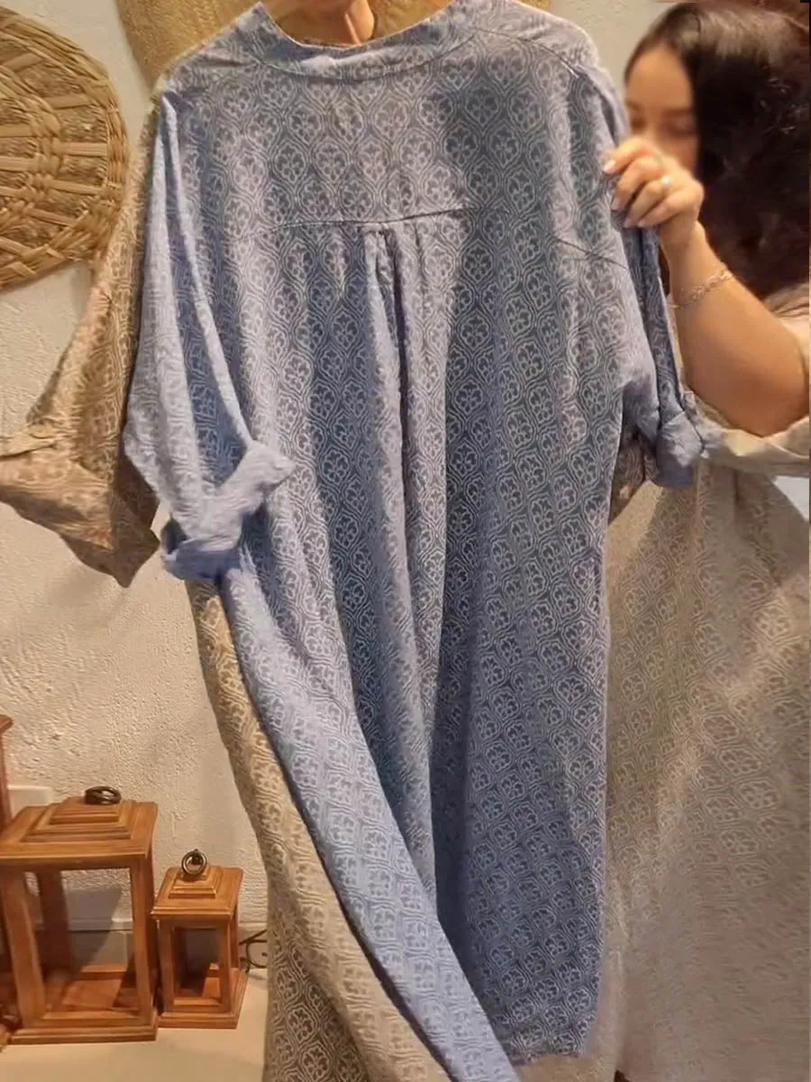 Women's V-neck Retro Geometric Print 3/4 Sleeve Casual Linen Dress