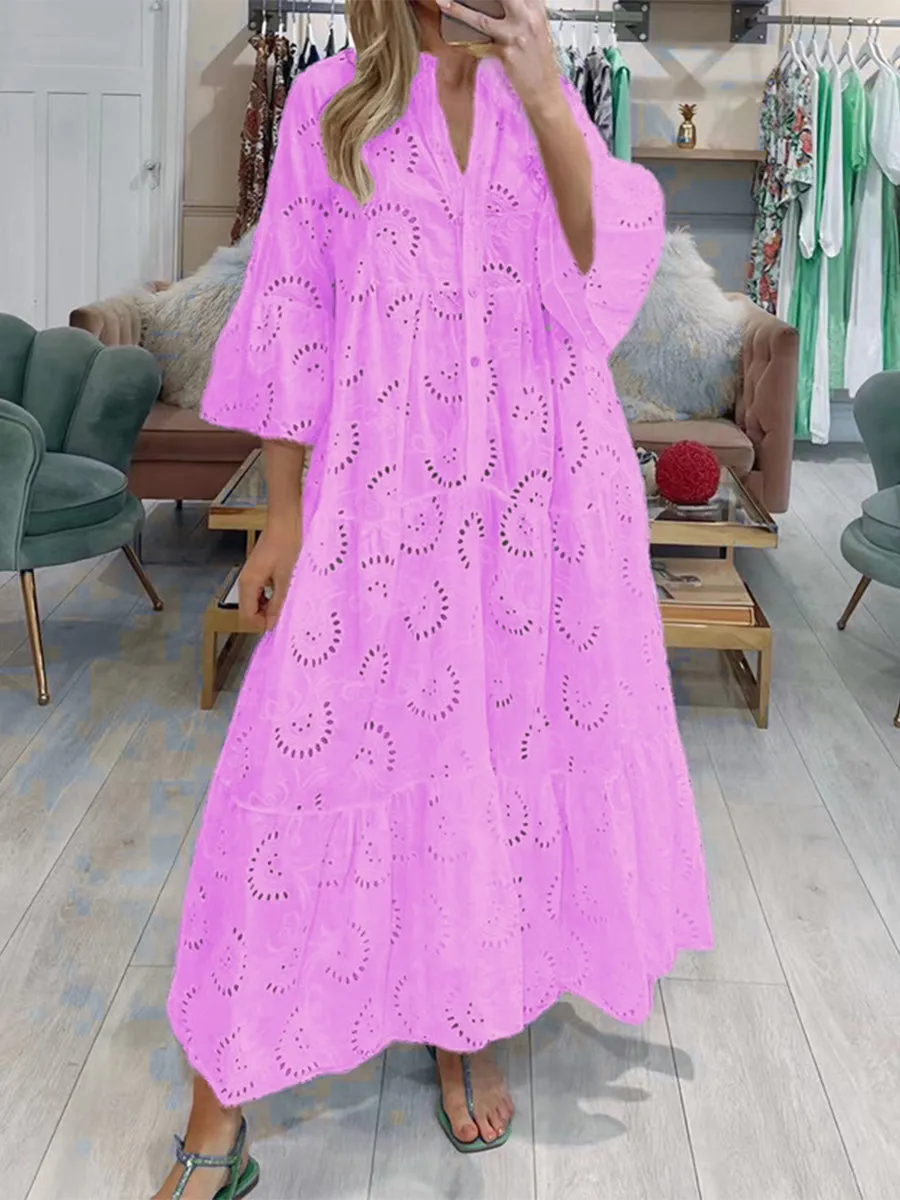 Women's V-neck Trumpet Sleeve Lace Hollow Dress