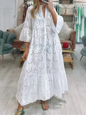 Women's V-neck Trumpet Sleeve Lace Hollow Dress