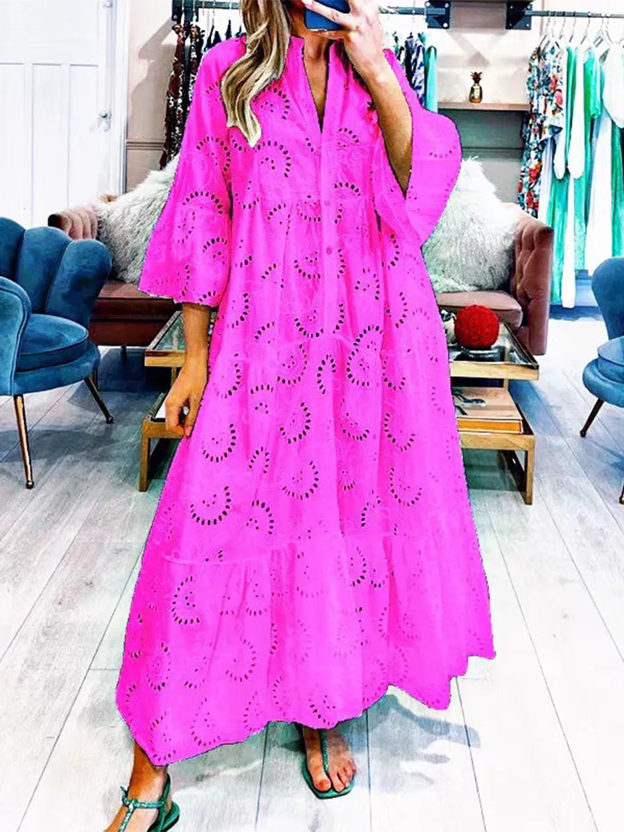 Women's V-neck Trumpet Sleeve Lace Hollow Dress