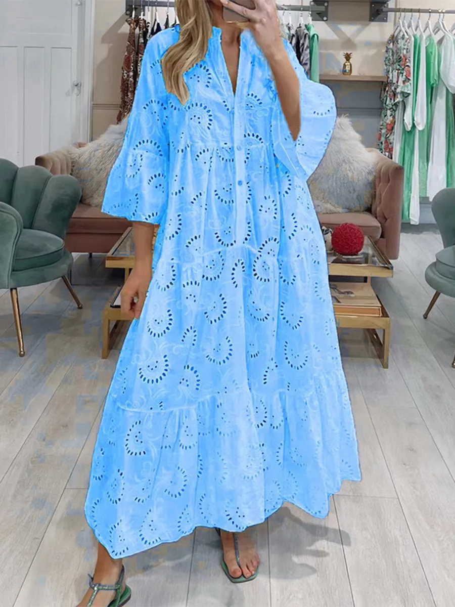 Women's V-neck Trumpet Sleeve Lace Hollow Dress