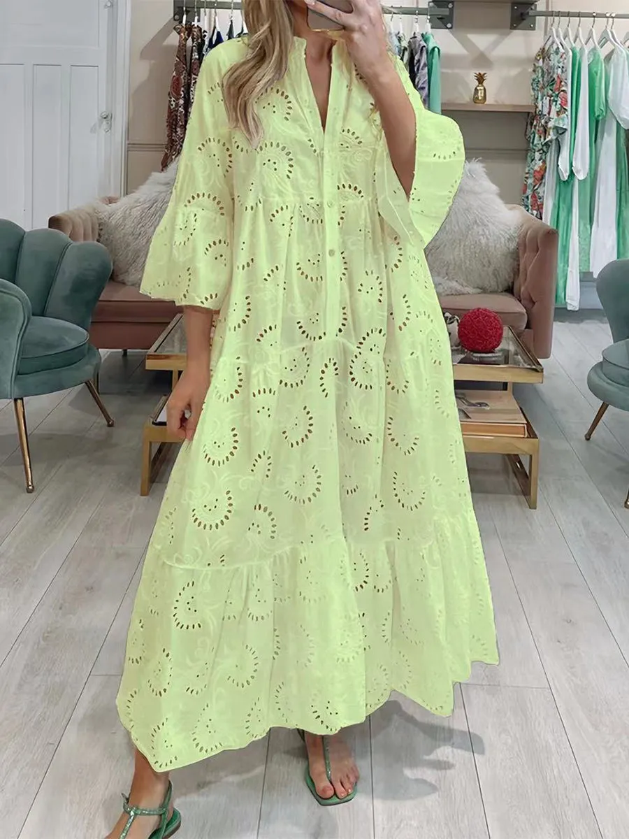 Women's V-neck Trumpet Sleeve Lace Hollow Dress