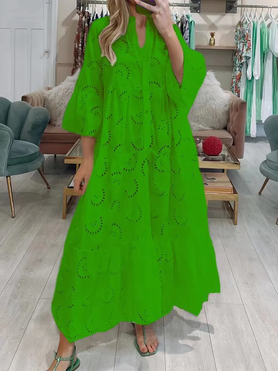 Women's V-neck Trumpet Sleeve Lace Hollow Dress