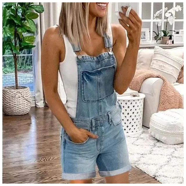 Women's Washed Denim Jeans Shorts Overalls Dungarees