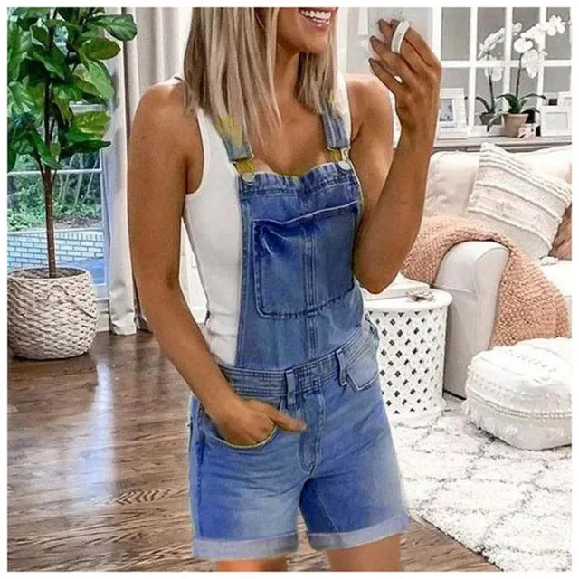Women's Washed Denim Jeans Shorts Overalls Dungarees