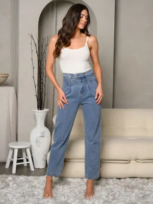 WOMEN'S WIDE WAISTBAND DOUBLE BUTTON DENIM JEANS