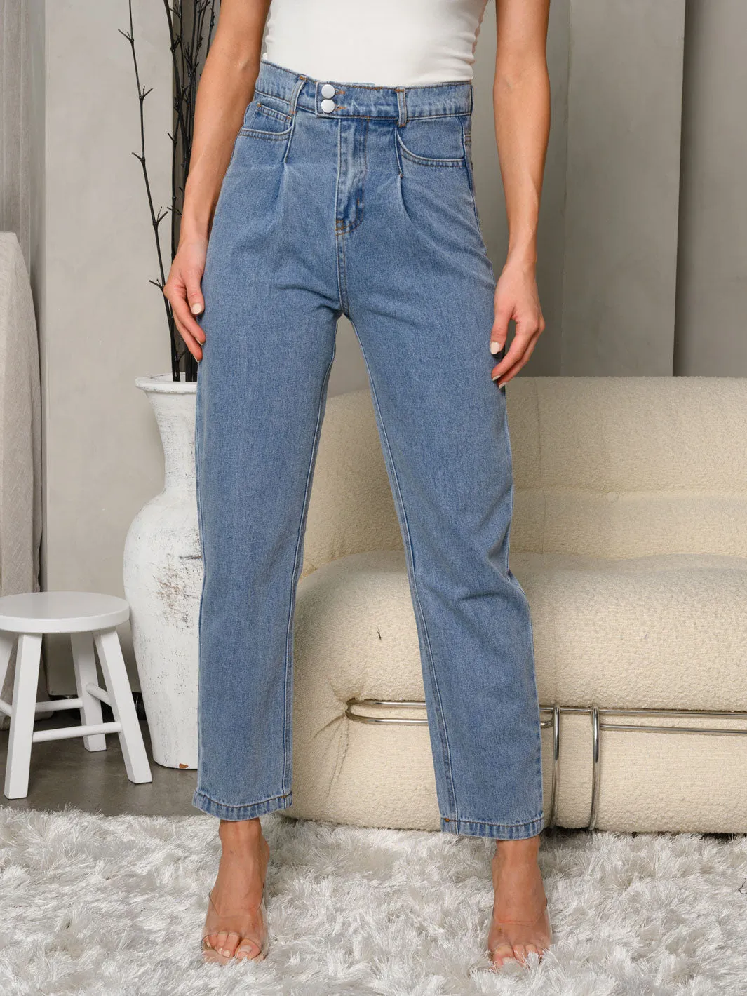 WOMEN'S WIDE WAISTBAND DOUBLE BUTTON DENIM JEANS