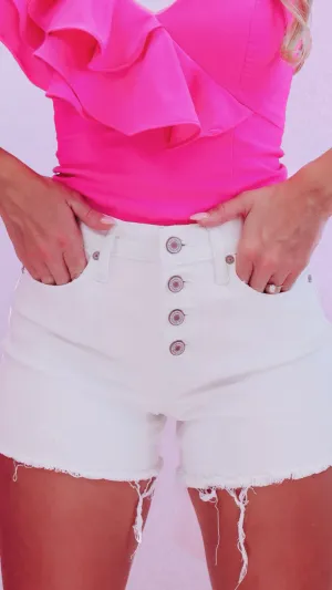 Xavier Button Front Denim Shorts - White