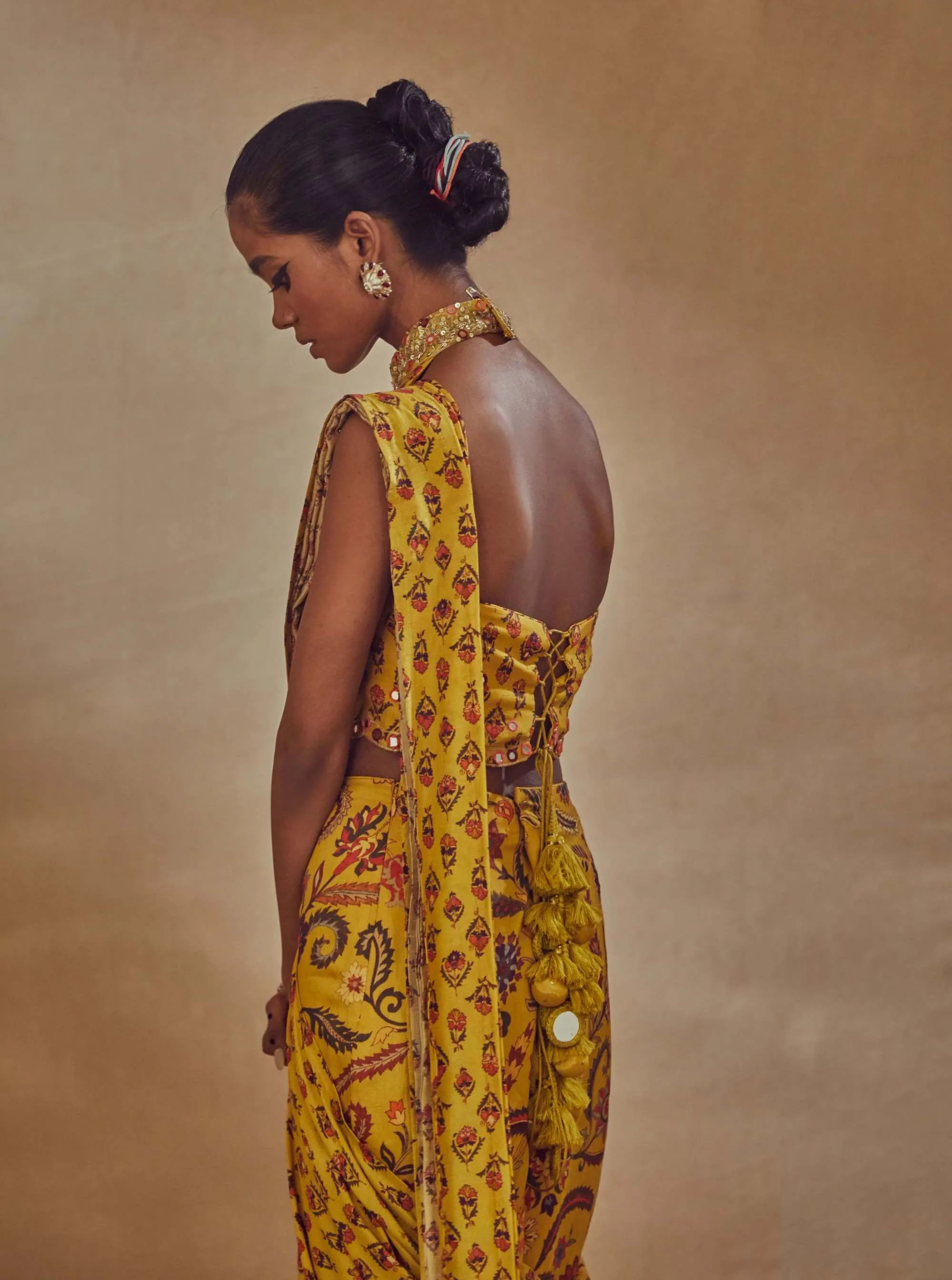 Yellow Draped Printed Sari With Blouse