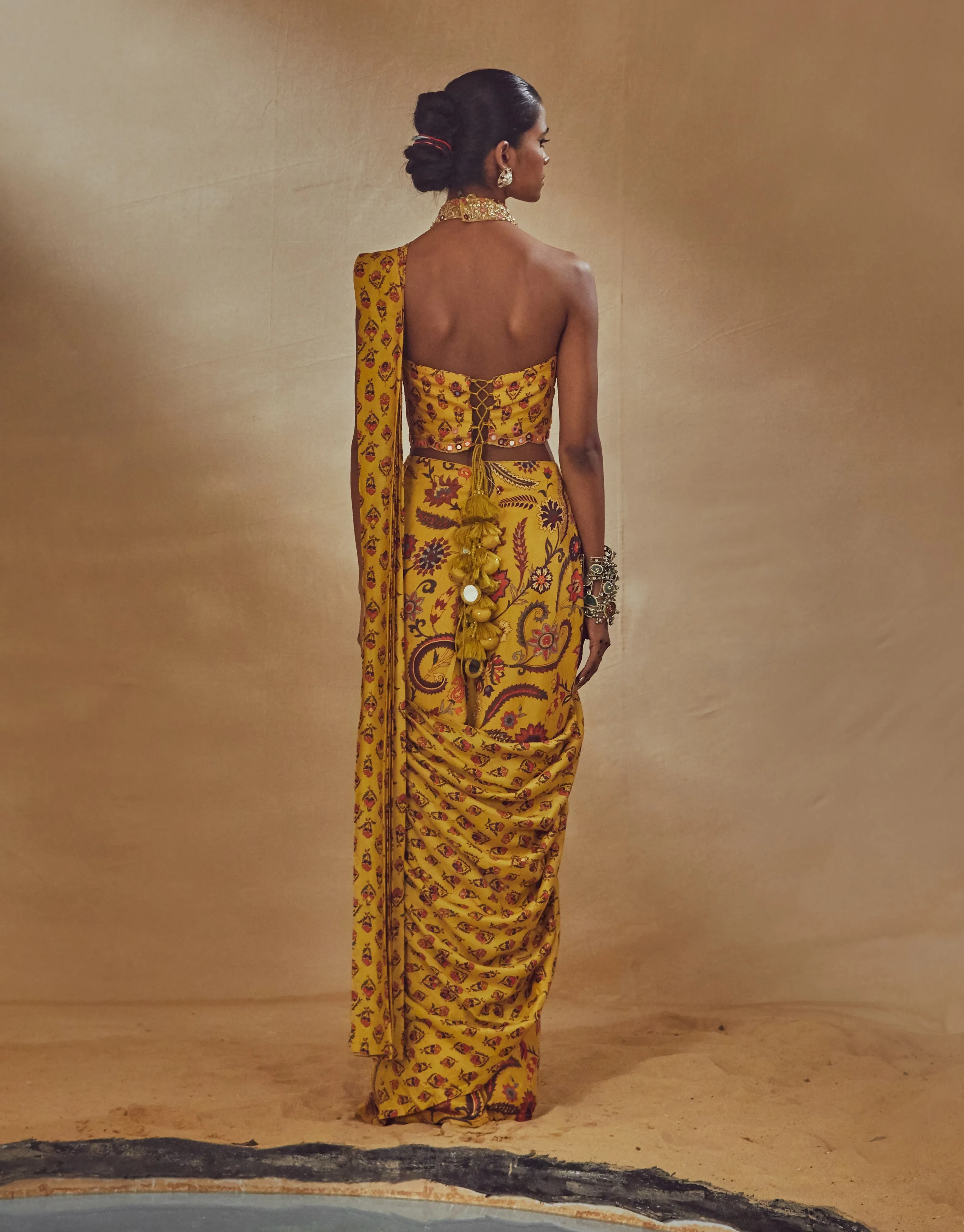 Yellow Draped Printed Sari With Blouse