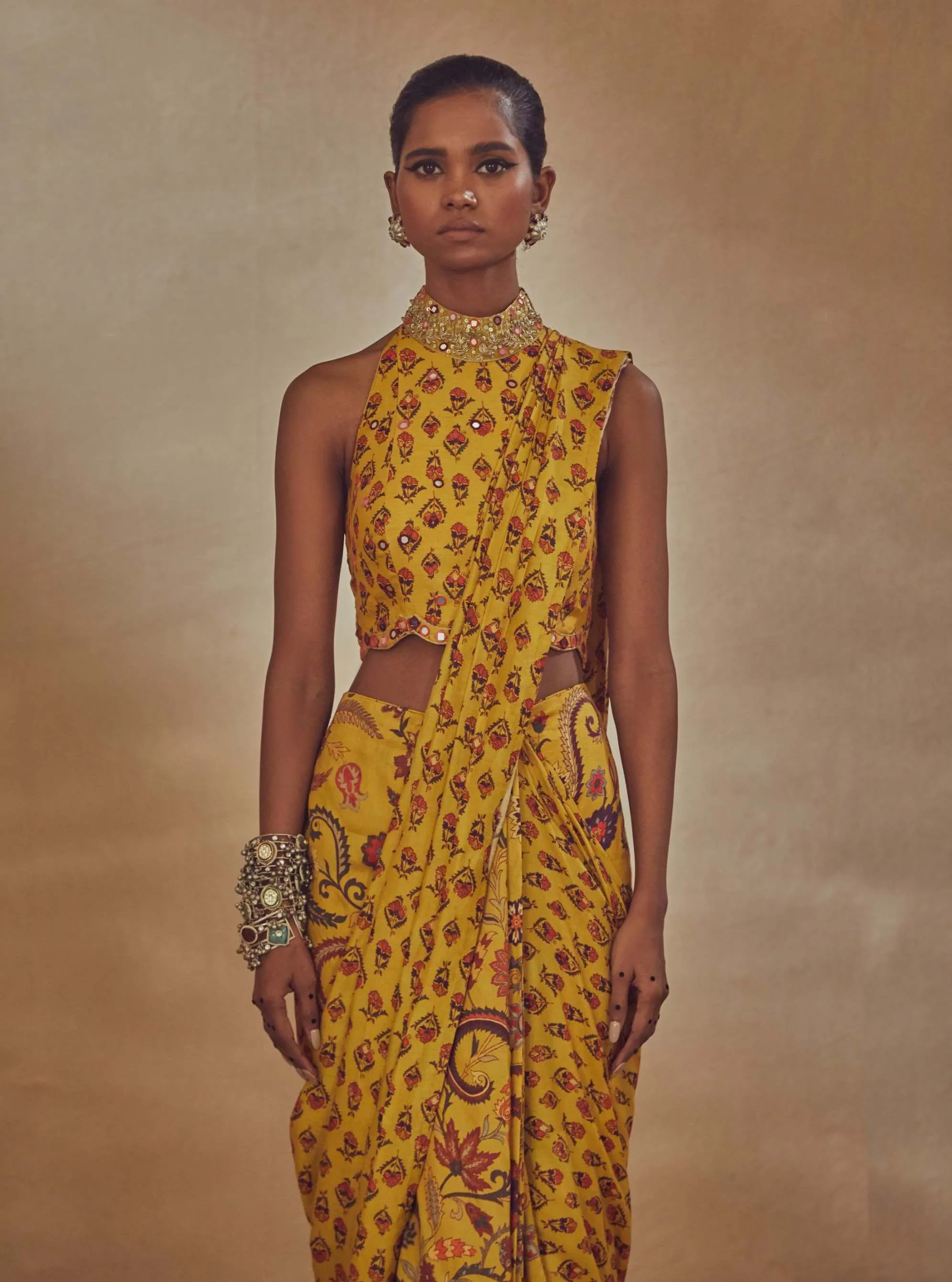 Yellow Draped Printed Sari With Blouse