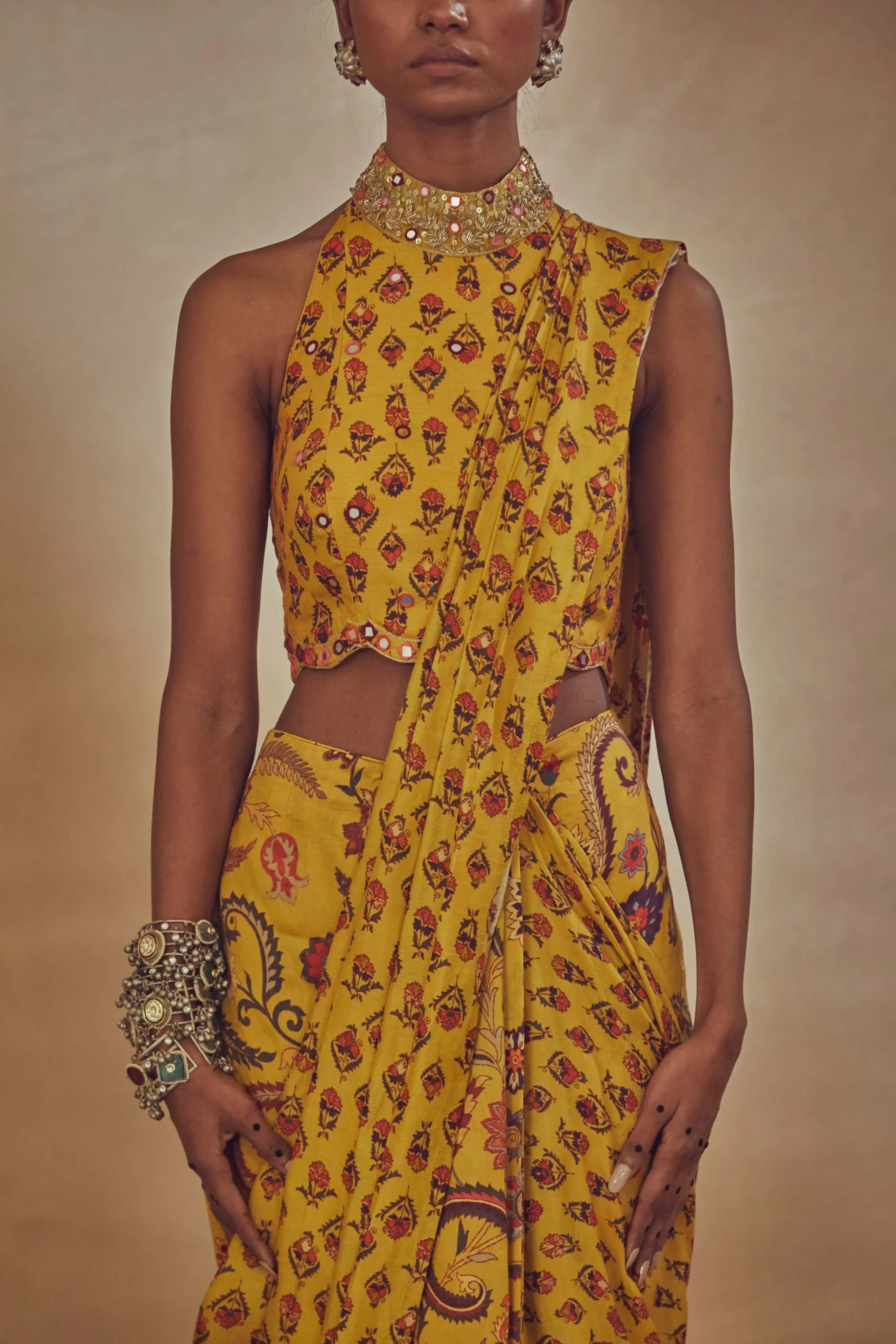 Yellow Draped Printed Sari With Blouse