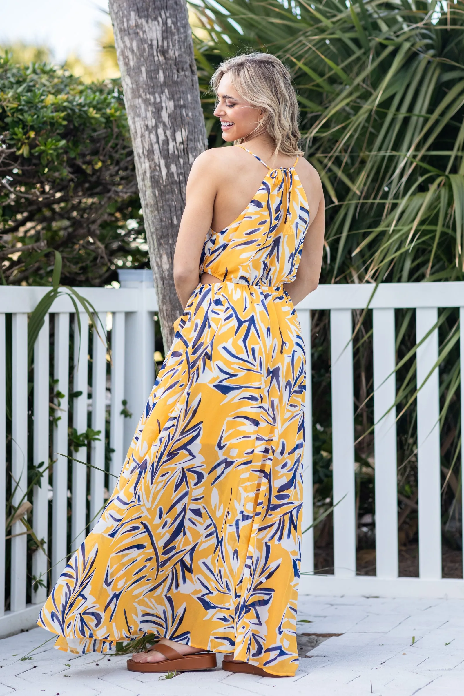 Yellow Printed Maxi Halter Dress With Slit