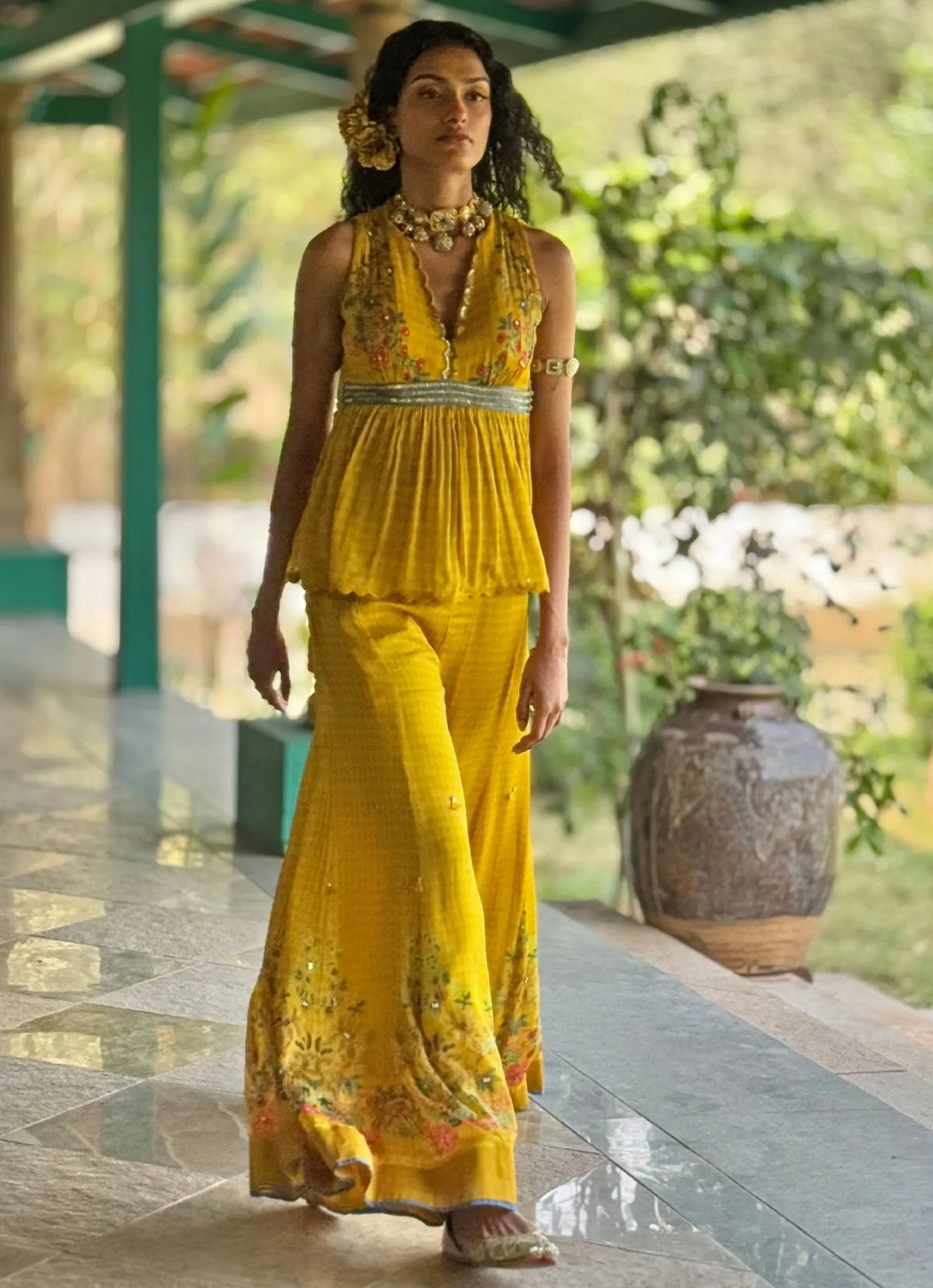 Yellow Printed Peplum Top And Pant