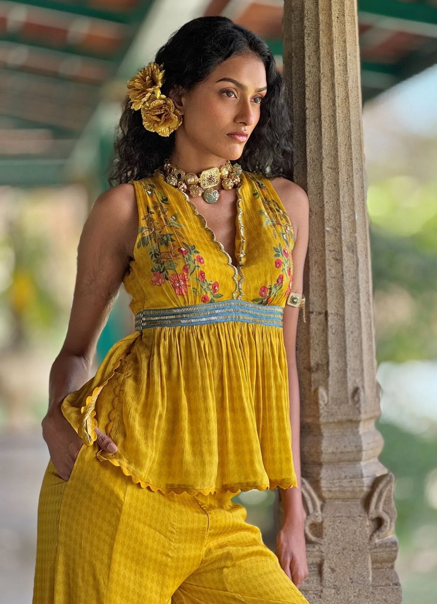 Yellow Printed Peplum Top And Pant