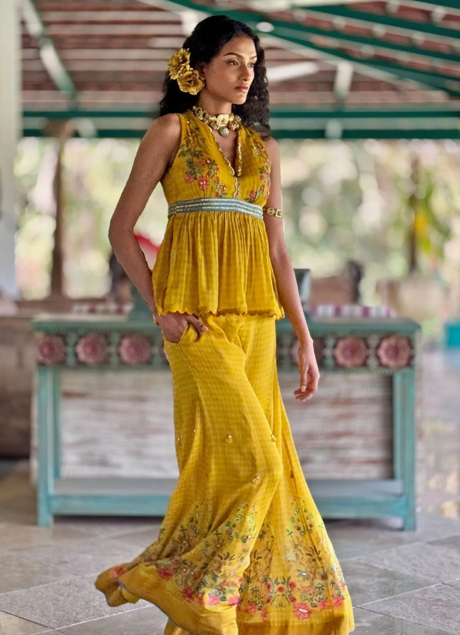 Yellow Printed Peplum Top And Pant