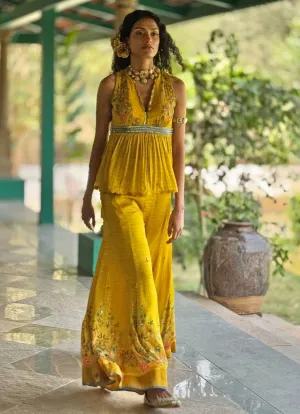 Yellow Printed Peplum Top And Pant
