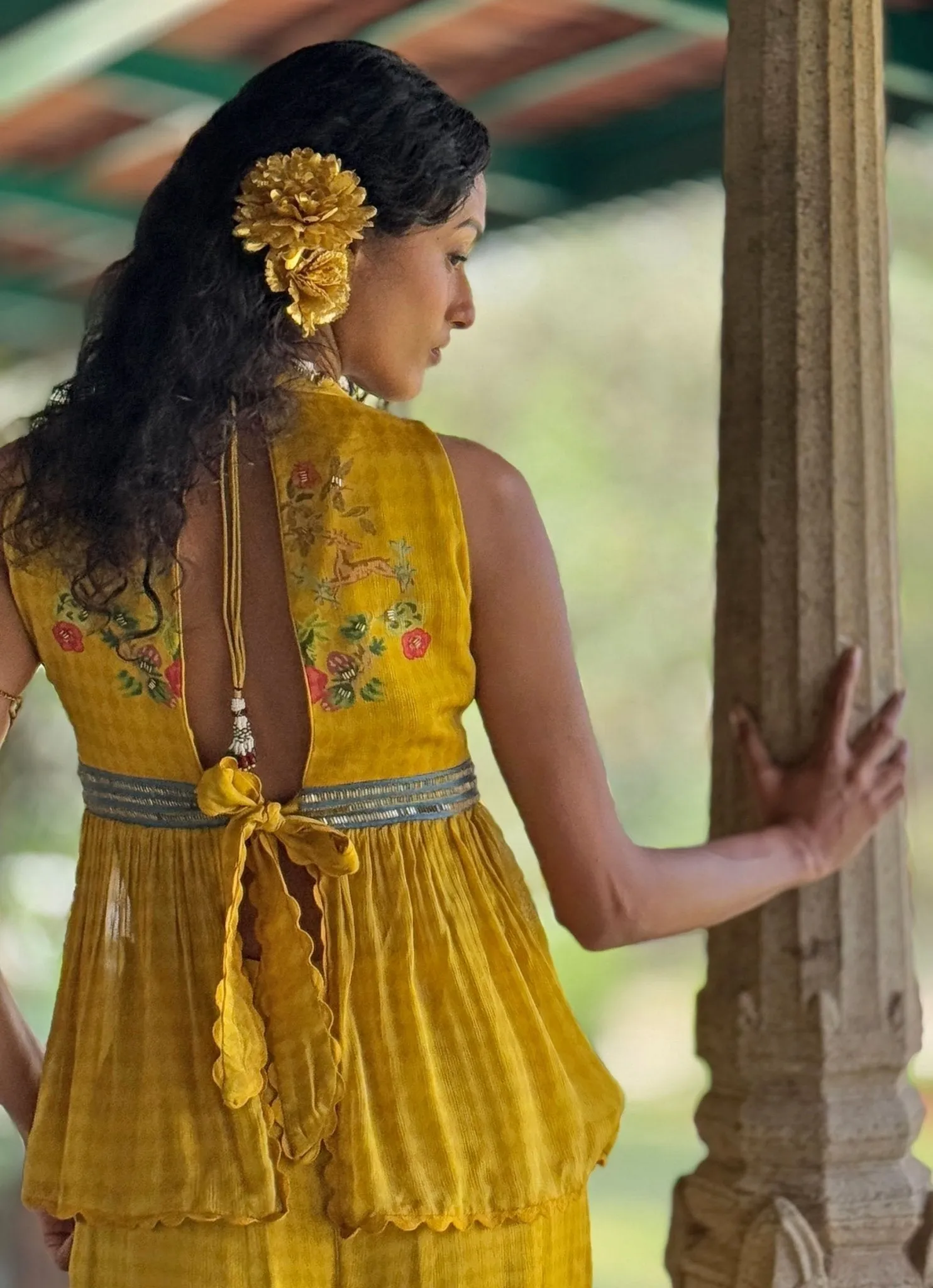 Yellow Printed Peplum Top And Pant