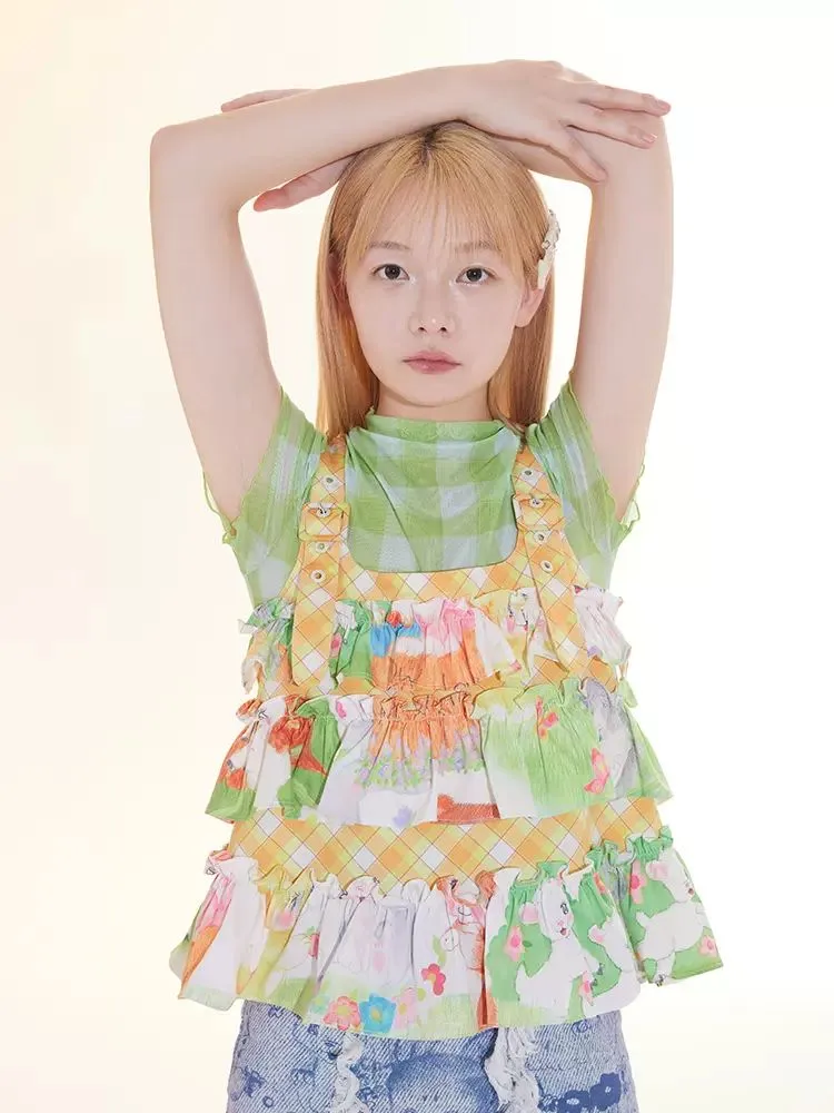 yellow ruffled suspender vest