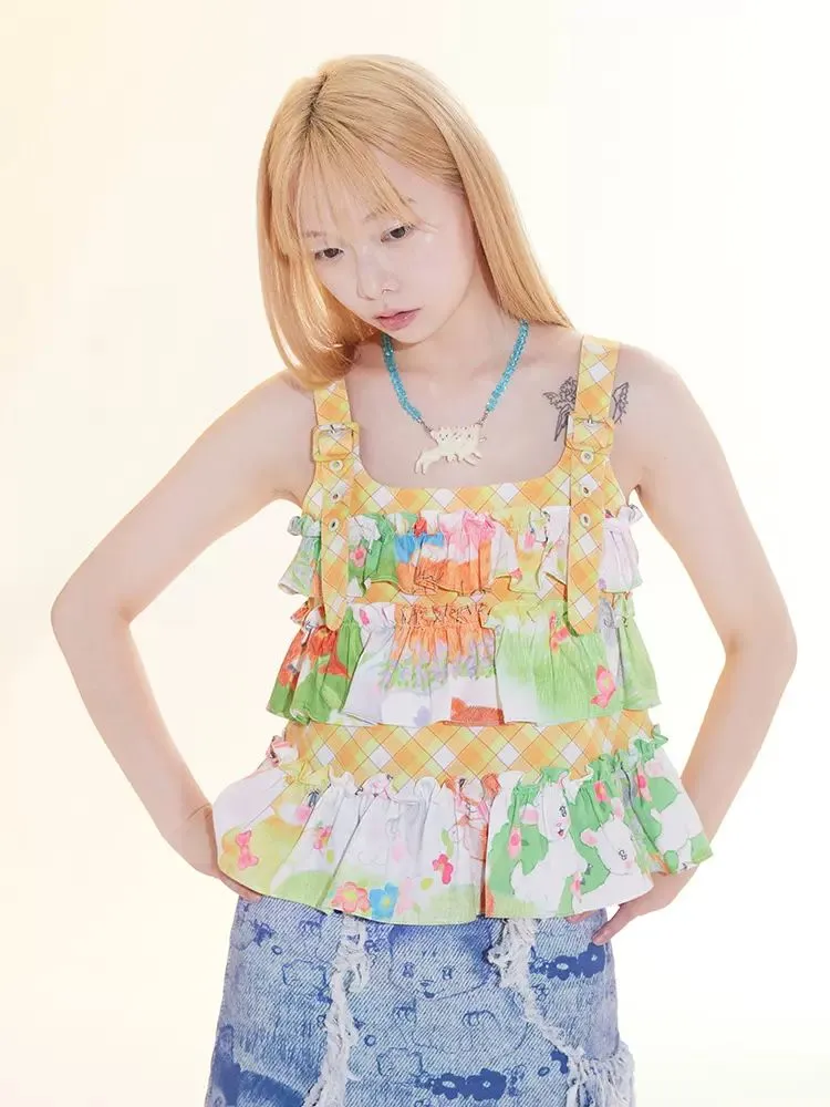 yellow ruffled suspender vest