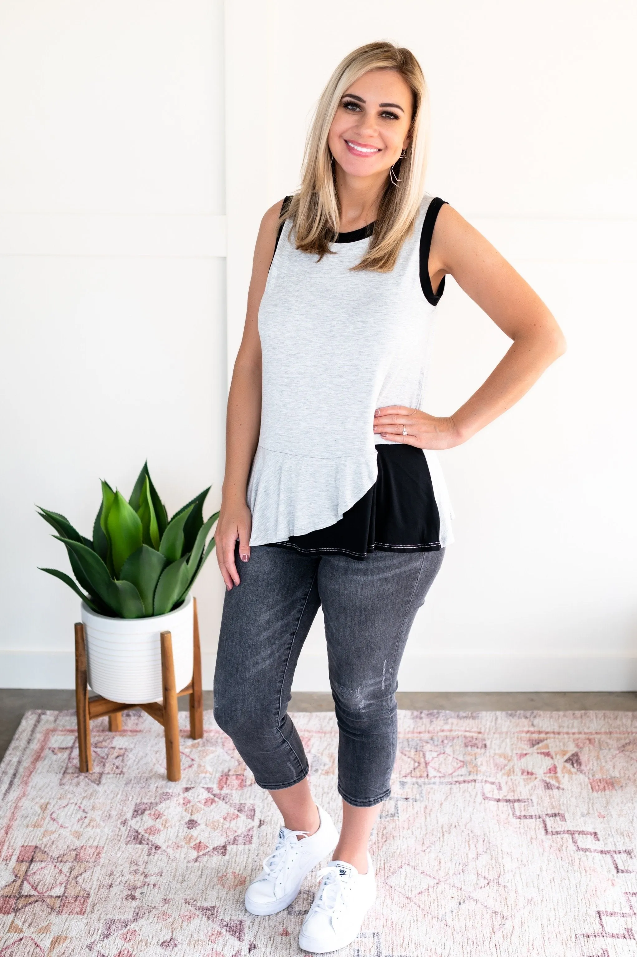 You've Got Me Sleeveless Top in Black & Gray