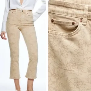 Zara Denim Flare Dreed Crop Jeans In Biege Floral Print