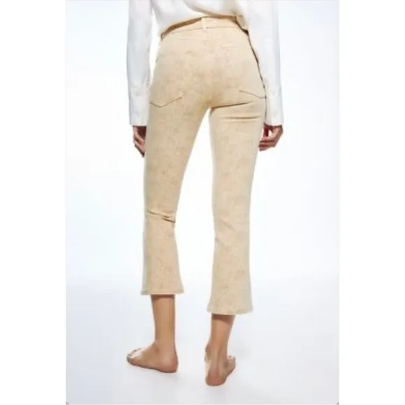Zara Denim Flare Dreed Crop Jeans In Biege Floral Print