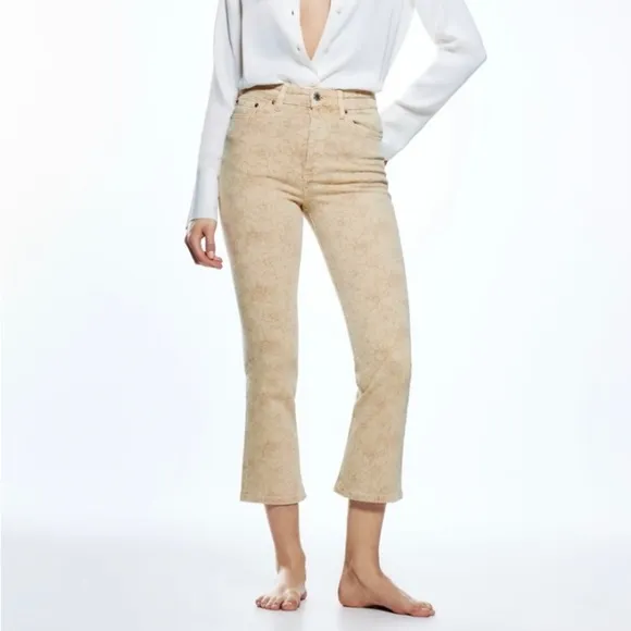 Zara Denim Flare Dreed Crop Jeans In Biege Floral Print