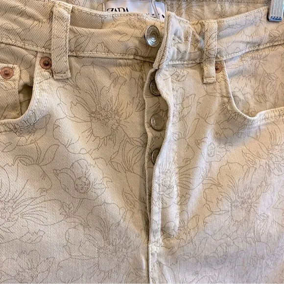 Zara Denim Flare Dreed Crop Jeans In Biege Floral Print