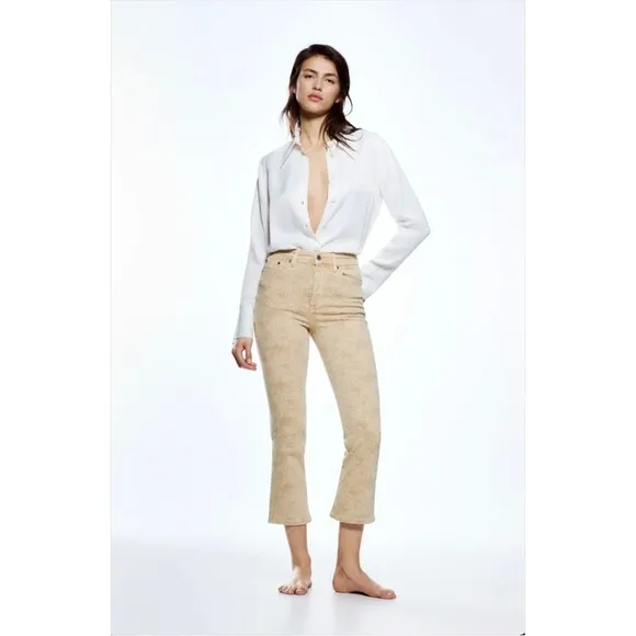 Zara Denim Flare Dreed Crop Jeans In Biege Floral Print