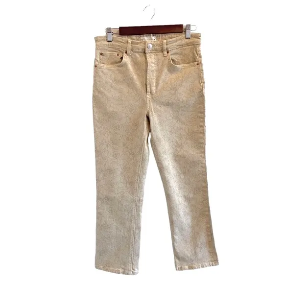 Zara Denim Flare Dreed Crop Jeans In Biege Floral Print