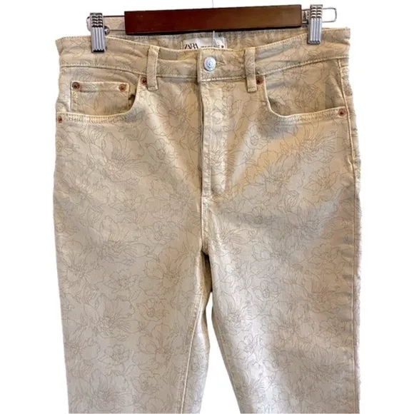 Zara Denim Flare Dreed Crop Jeans In Biege Floral Print