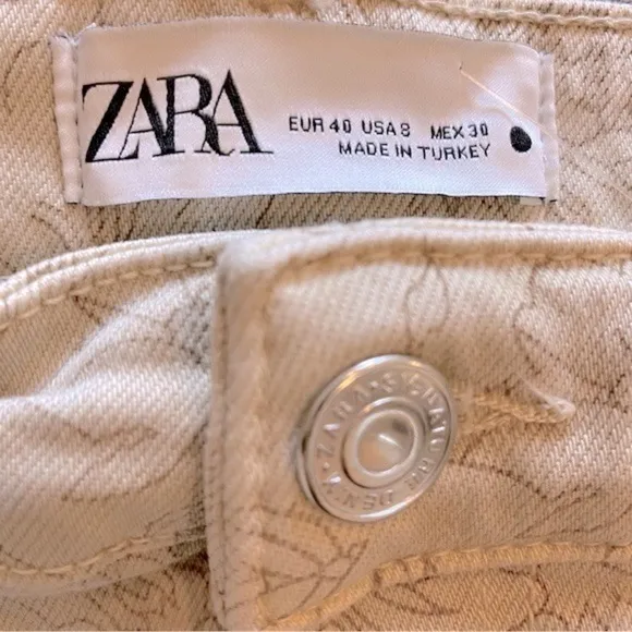 Zara Denim Flare Dreed Crop Jeans In Biege Floral Print