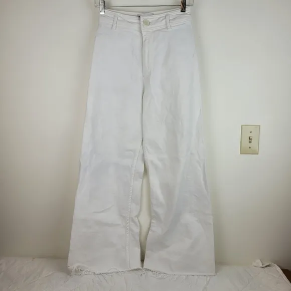 Zara The Marine Straight High Waisted Wide Leg Women's White Jeans Raw Hem 4